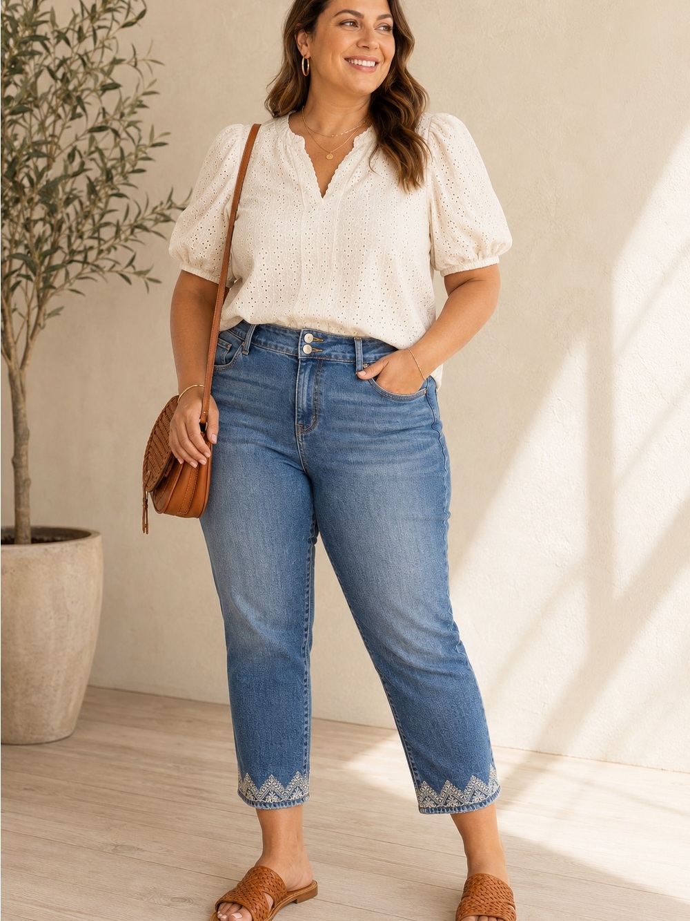 Lucky Brand Emma Crop Curvy Embroidered Jeans Medium Wash 16W